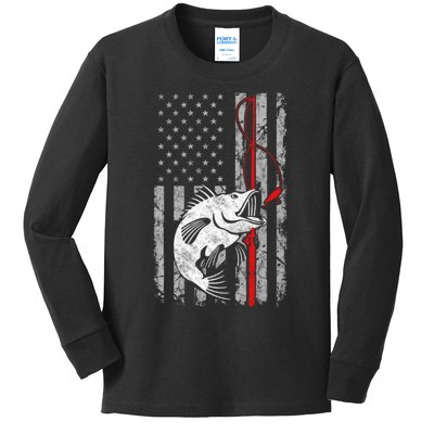 Fishing American Flag Vintage USA Bass Fisherman Kids Long Sleeve Shirt