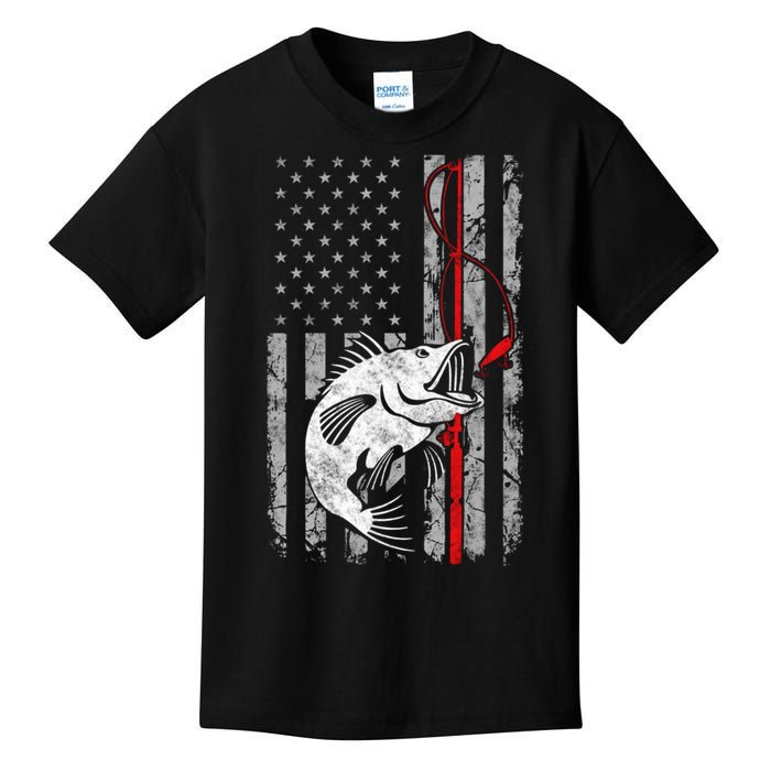 Fishing American Flag Vintage USA Bass Fisherman Kids T-Shirt