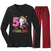 Five And Fabulous Unicorn Rainbow Birthday 5 Year Old Gifts Women's Long Sleeve Flannel Pajama Set 