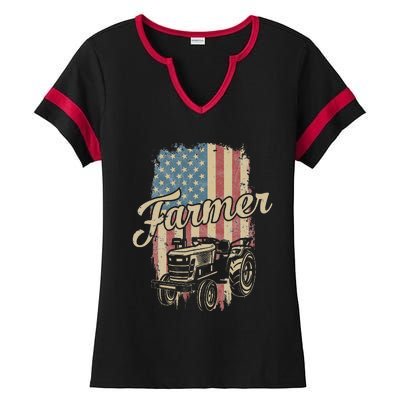 Farmer American Flag Retro Farming Tractor Usa Patrioticic Ladies Halftime Notch Neck Tee