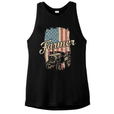 Farmer American Flag Retro Farming Tractor Usa Patrioticic Ladies PosiCharge Tri-Blend Wicking Tank