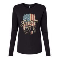 Farmer American Flag Retro Farming Tractor Usa Patrioticic Womens Cotton Relaxed Long Sleeve T-Shirt