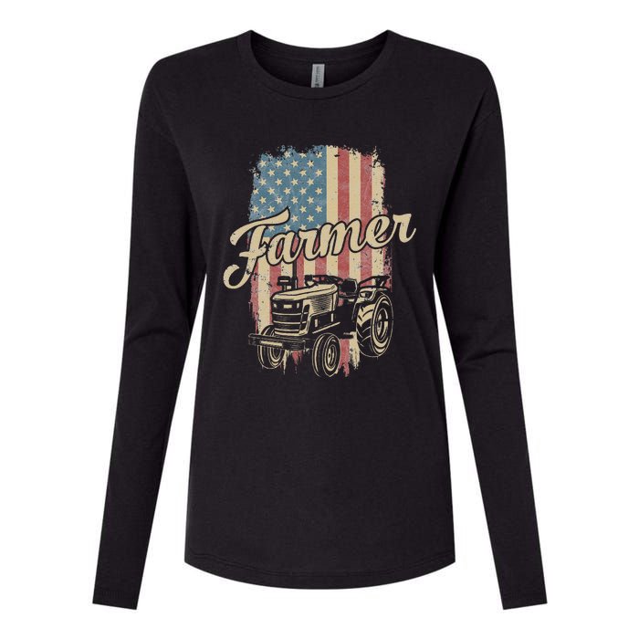 Farmer American Flag Retro Farming Tractor Usa Patrioticic Womens Cotton Relaxed Long Sleeve T-Shirt