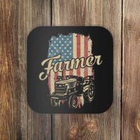 Farmer American Flag Retro Farming Tractor Usa Patrioticic Coaster