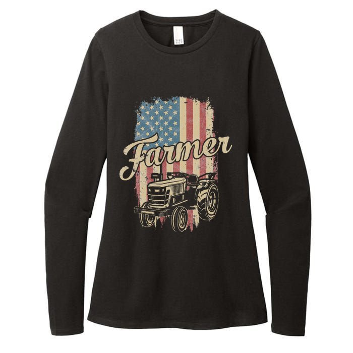 Farmer American Flag Retro Farming Tractor Usa Patrioticic Womens CVC Long Sleeve Shirt