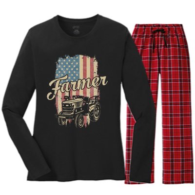 Farmer American Flag Retro Farming Tractor Usa Patrioticic Women's Long Sleeve Flannel Pajama Set 