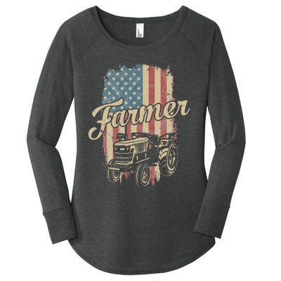 Farmer American Flag Retro Farming Tractor Usa Patrioticic Women's Perfect Tri Tunic Long Sleeve Shirt