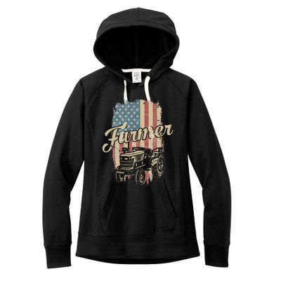 Farmer American Flag Retro Farming Tractor Usa Patrioticic Women's Fleece Hoodie