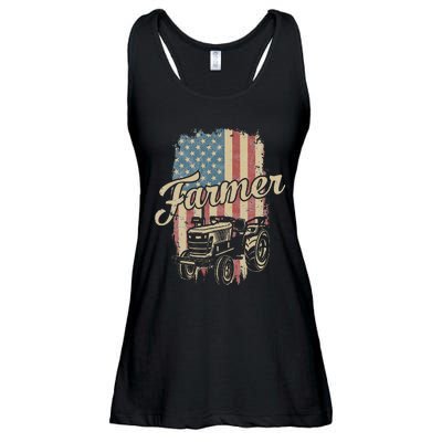 Farmer American Flag Retro Farming Tractor Usa Patrioticic Ladies Essential Flowy Tank