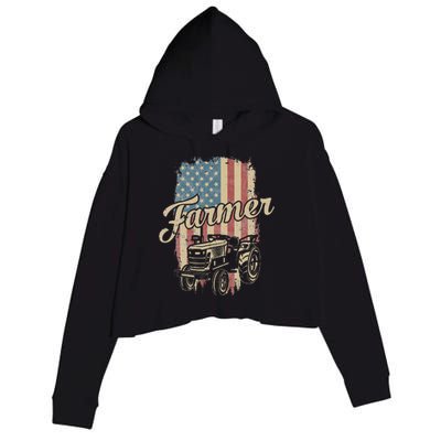 Farmer American Flag Retro Farming Tractor Usa Patrioticic Crop Fleece Hoodie