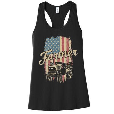 Farmer American Flag Retro Farming Tractor Usa Patrioticic Women's Racerback Tank