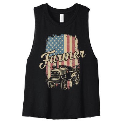 Farmer American Flag Retro Farming Tractor Usa Patrioticic Women's Racerback Cropped Tank