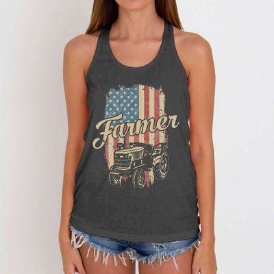 Farmer American Flag Retro Farming Tractor Usa Patrioticic Women's Knotted Racerback Tank