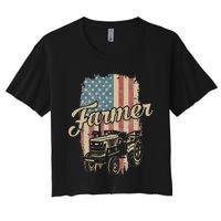 Farmer American Flag Retro Farming Tractor Usa Patrioticic Women's Crop Top Tee