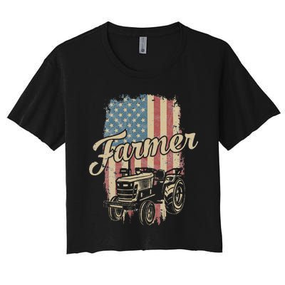 Farmer American Flag Retro Farming Tractor Usa Patrioticic Women's Crop Top Tee