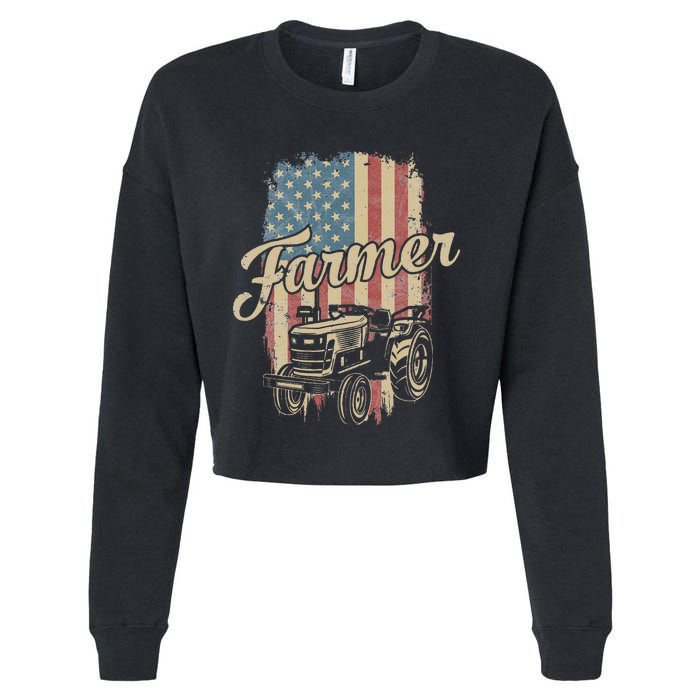 Farmer American Flag Retro Farming Tractor Usa Patrioticic Cropped Pullover Crew