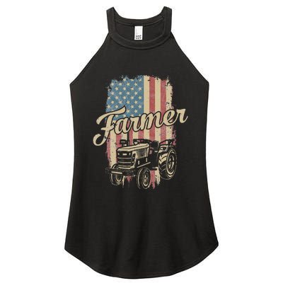 Farmer American Flag Retro Farming Tractor Usa Patrioticic Women's Perfect Tri Rocker Tank