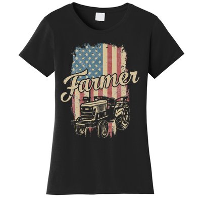 Farmer American Flag Retro Farming Tractor Usa Patrioticic Women's T-Shirt