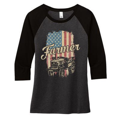 Farmer American Flag Retro Farming Tractor Usa Patrioticic Women's Tri-Blend 3/4-Sleeve Raglan Shirt