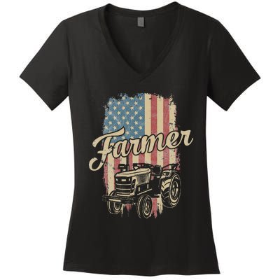 Farmer American Flag Retro Farming Tractor Usa Patrioticic Women's V-Neck T-Shirt