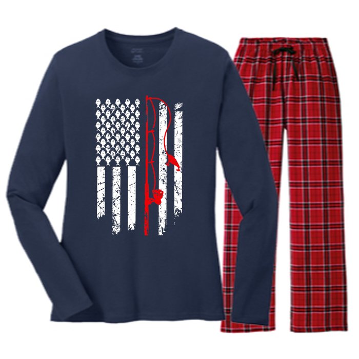 Fishing American Flag Husband Son Grandson Funny Fisherman Women's Long Sleeve Flannel Pajama Set 