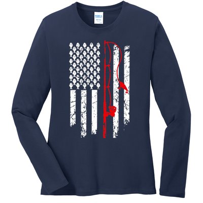 Fishing American Flag Husband Son Grandson Funny Fisherman Ladies Long Sleeve Shirt