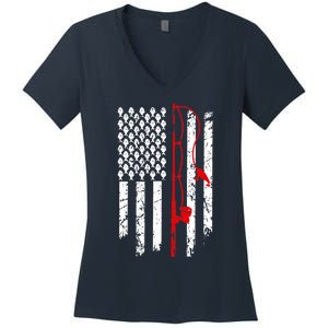 Fishing American Flag Husband Son Grandson Funny Fisherman Women's V-Neck T-Shirt