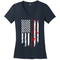 Fishing American Flag Husband Son Grandson Funny Fisherman Women's V-Neck T-Shirt