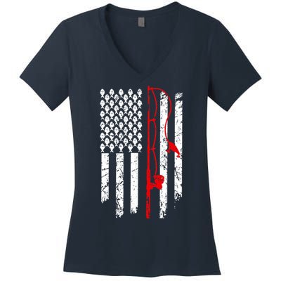 Fishing American Flag Husband Son Grandson Funny Fisherman Women's V-Neck T-Shirt