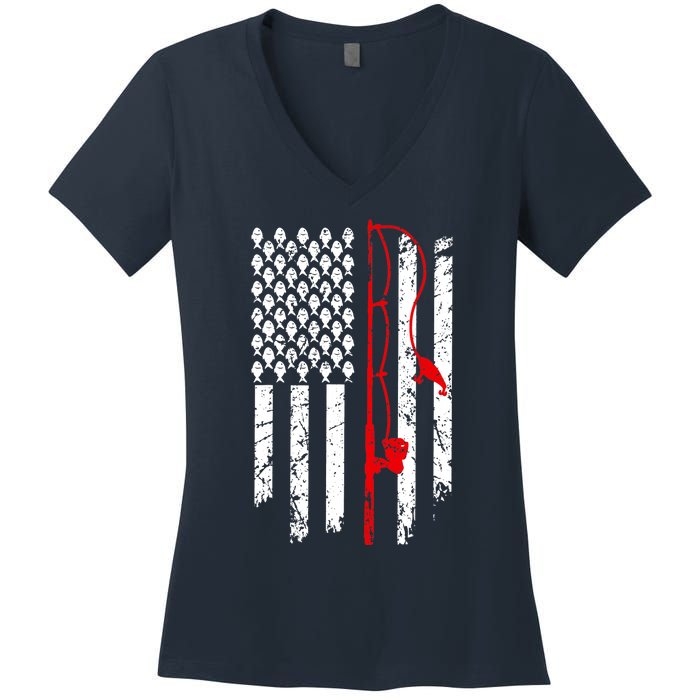 Fishing American Flag Husband Son Grandson Funny Fisherman Women's V-Neck T-Shirt