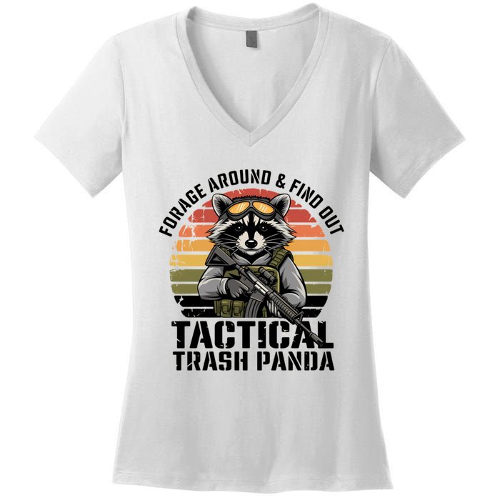 Forage Around & Find Out Tactical Trash Panda Funny Raccoon Women's V-Neck T-Shirt