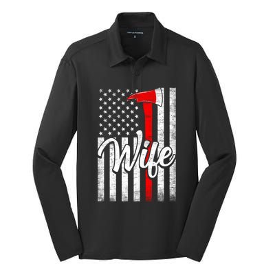 Funny American Flag Firefighter Wife Husband Fire Couple Gift Silk Touch Performance Long Sleeve Polo