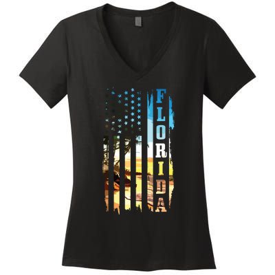 Florida American Flag Pride Beach Surfer Patriotic Gift Women's V-Neck T-Shirt