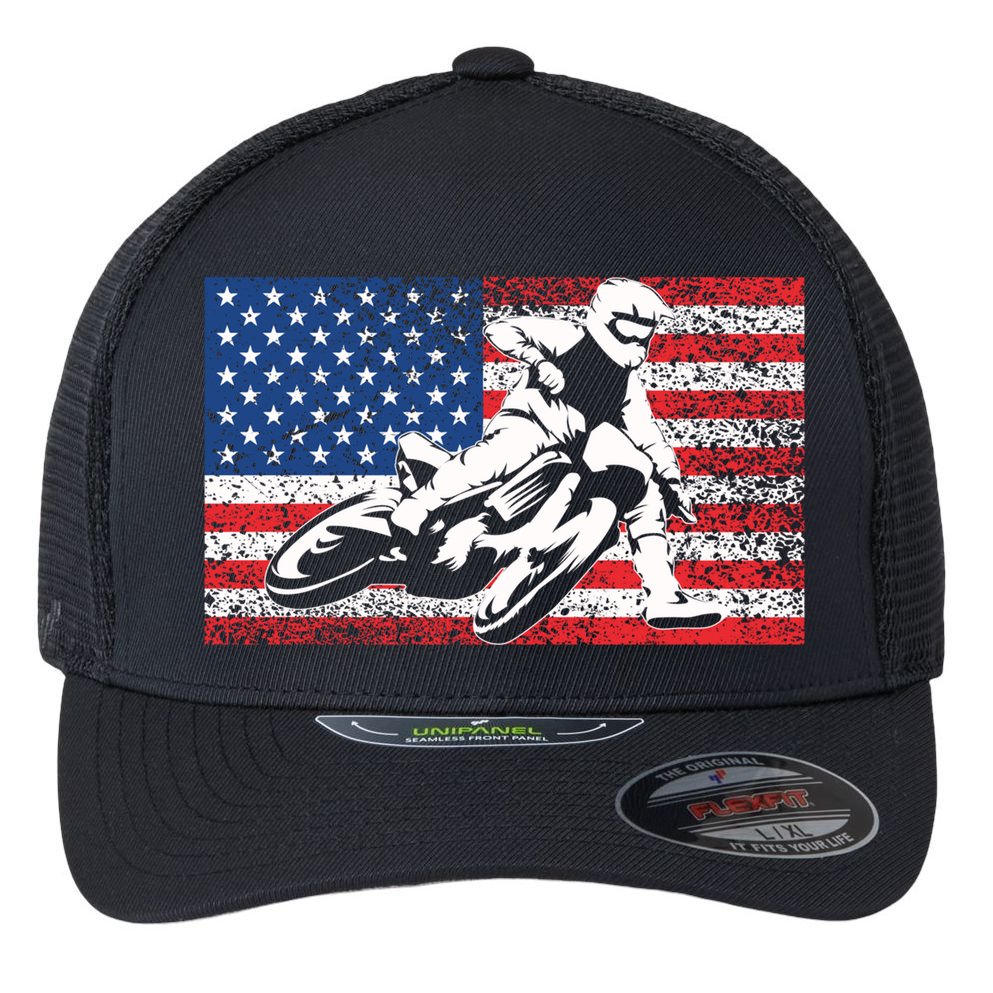 Funny American Flat Track Motorcycle Gift Cool Bike Rider Gift Flexfit Unipanel Trucker Cap