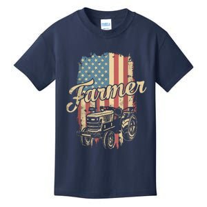 Farmer American Flag Retro Farming Tractor Usa Patrioticic Kids T-Shirt