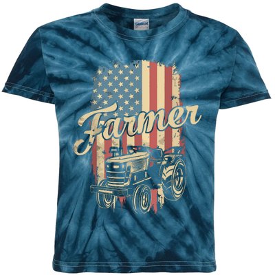 Farmer American Flag Retro Farming Tractor Usa Patrioticic Kids Tie-Dye T-Shirt