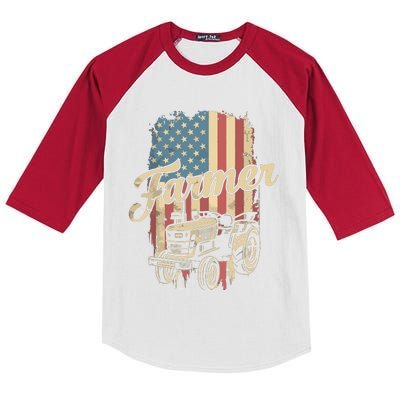 Farmer American Flag Retro Farming Tractor Usa Patrioticic Kids Colorblock Raglan Jersey