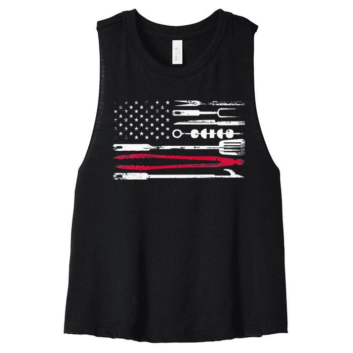 Funny American Flag Grilling Tools BBQ Grill Barbecue Tool Women's Racerback Cropped Tank