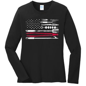 Funny American Flag Grilling Tools BBQ Grill Barbecue Tool Ladies Long Sleeve Shirt