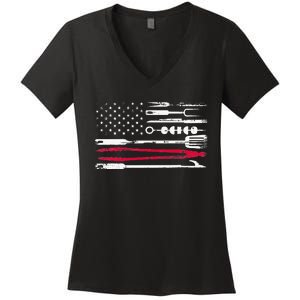 Funny American Flag Grilling Tools BBQ Grill Barbecue Tool Women's V-Neck T-Shirt