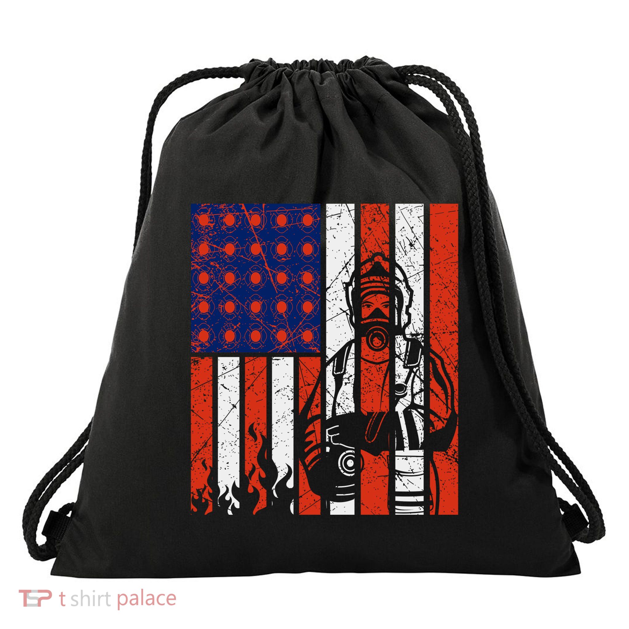 Firefighter American Flag Drawstring Bag