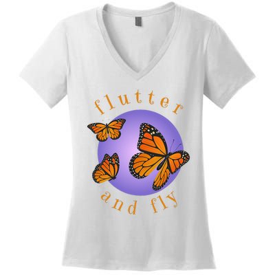 Flutter And Fly Apparel Monarch Butterflies On Glowing Moon Women's V-Neck T-Shirt