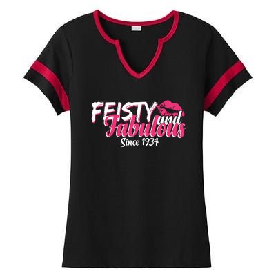 Feisty And Fabulous Since 1934 90th Birthday Ladies Halftime Notch Neck Tee