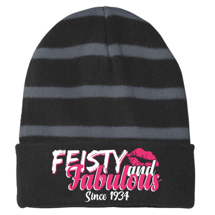 Feisty And Fabulous Since 1934 90th Birthday Striped Beanie with Solid Band