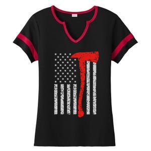 Firefighter American Flag Axe Thin Red Line Patriot Ladies Halftime Notch Neck Tee