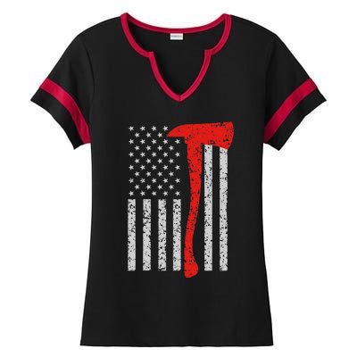 Firefighter American Flag Axe Thin Red Line Patriot Ladies Halftime Notch Neck Tee