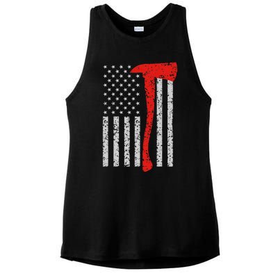 Firefighter American Flag Axe Thin Red Line Patriot Ladies PosiCharge Tri-Blend Wicking Tank