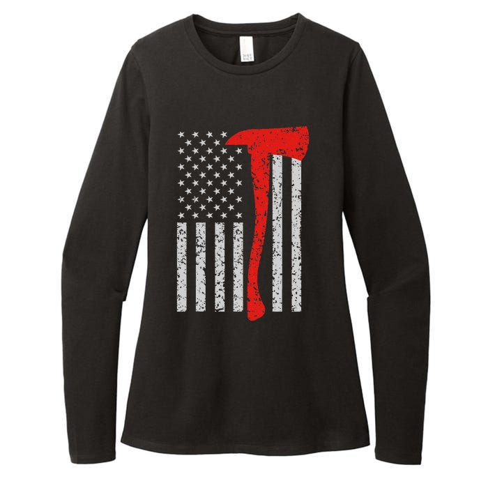 Firefighter American Flag Axe Thin Red Line Patriot Womens CVC Long Sleeve Shirt