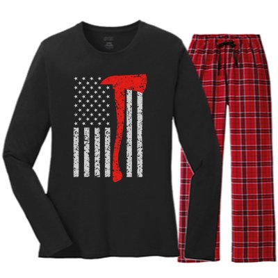 Firefighter American Flag Axe Thin Red Line Patriot Women's Long Sleeve Flannel Pajama Set 