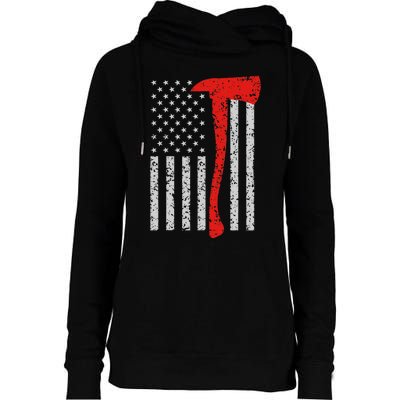 Firefighter American Flag Axe Thin Red Line Patriot Womens Funnel Neck Pullover Hood